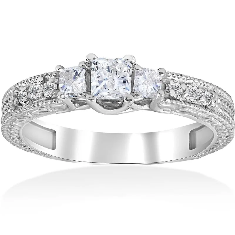 Rings with knot motifs for symbolic love -3/4ct Vintage Diamond 3 Stone Engagement Ring 14K White Gold