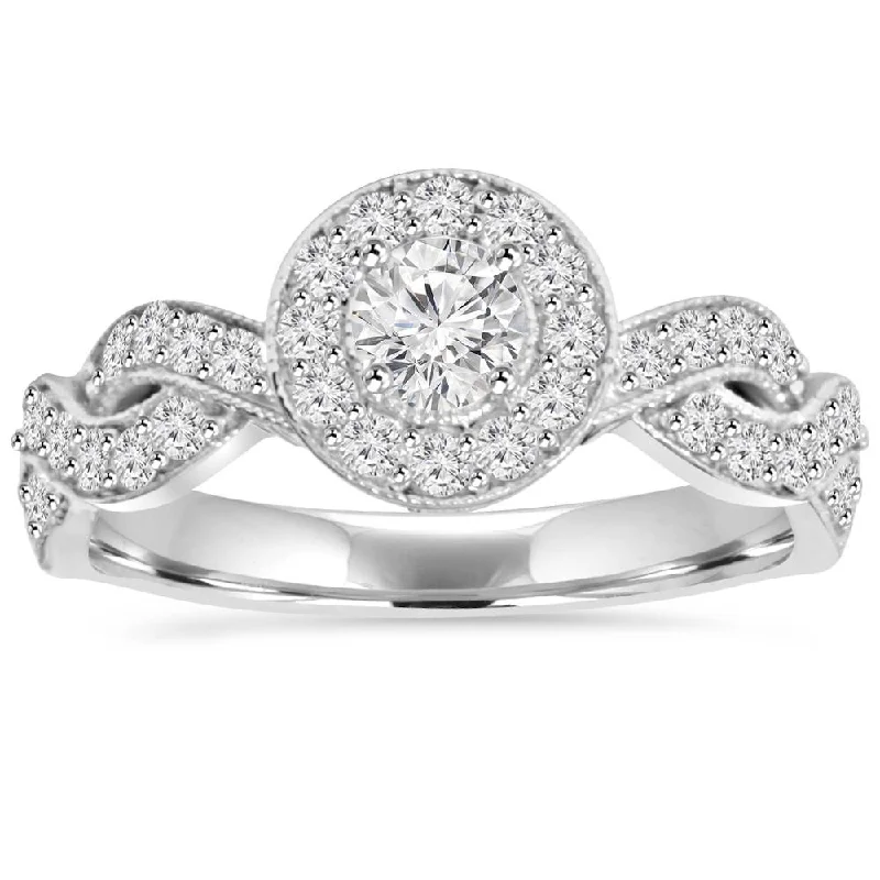 Rings with etched floral bands for detail -3/4Ct Vintage Diamond Infinity Halo Engagement Ring 14K White Gold