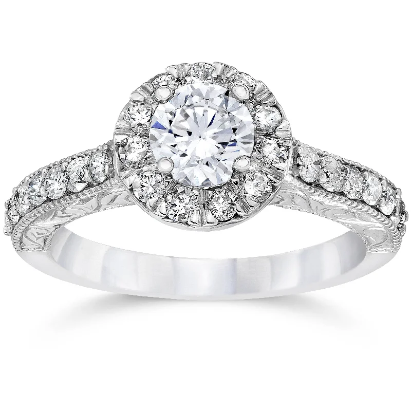 Rings with herkimer diamonds for raw clarity -3/4ct Vintage Halo Diamond Engagement Ring 14K White Gold