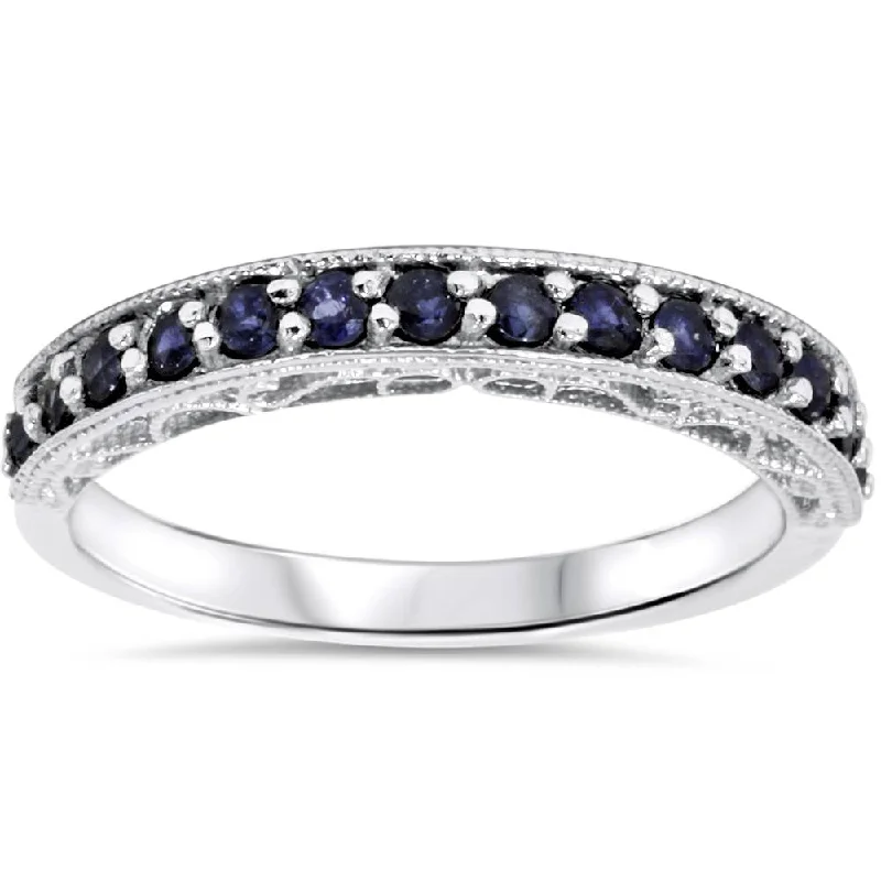 Vintage rings with engraved floral band designs -3/8ct Blue Sapphire Vintage Wedding Ring 14K White Gold