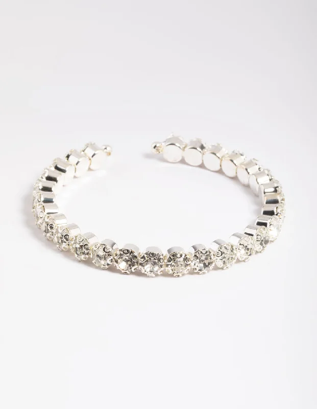 Elegant bangle bracelets with diamonds for a luxurious and sparkling accessory-Silver Round Diamante Open Cuff Bangle