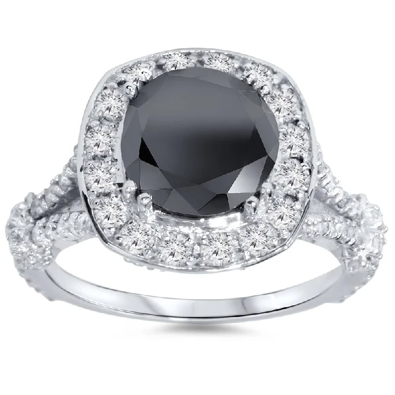 Rings with smoky quartz for muted elegance -4ct Black Treated Diamond Cushion Vintage Engagement Ring 14K White Gold