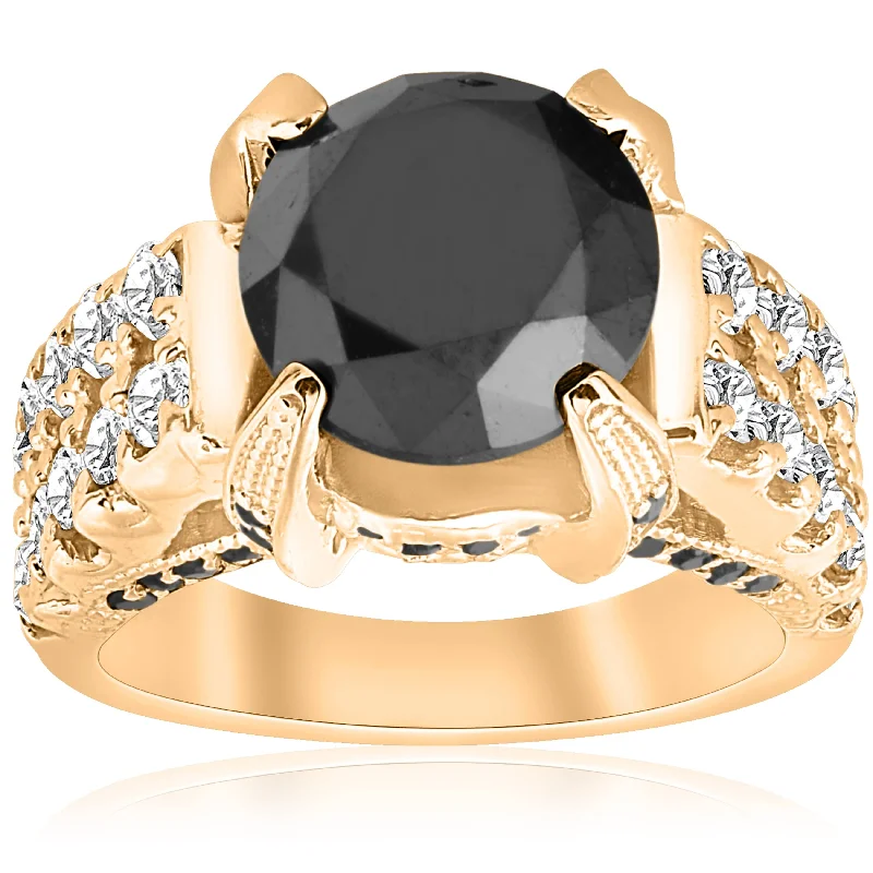 Rings with shield-shaped stones for boldness -5 5/8ct Black & White Diamond Ring 14K Yellow Gold