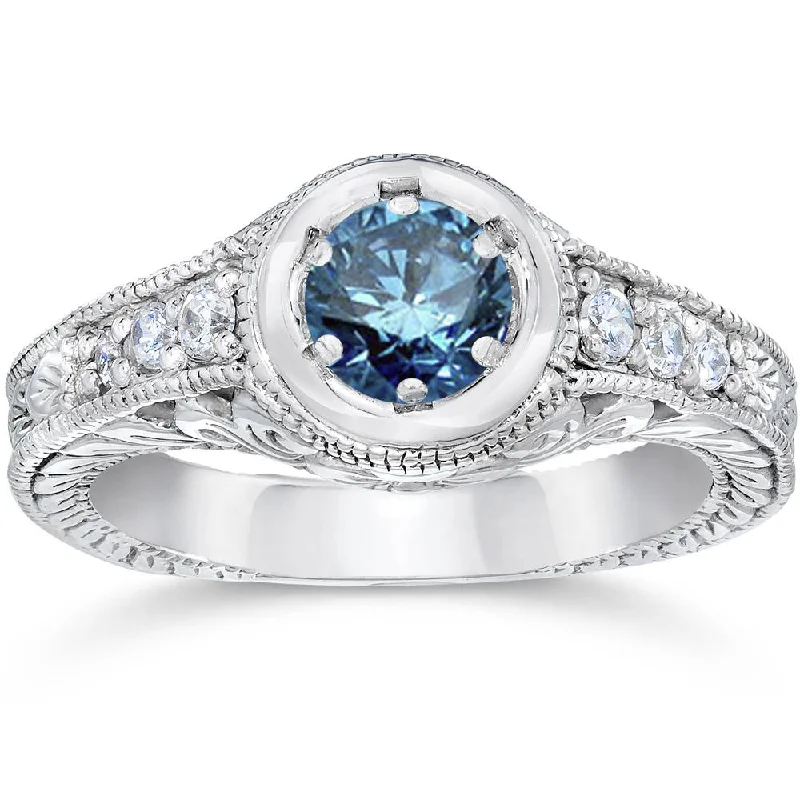 Rings with peacock ore for iridescent glow -5/8ct Art Deco Treated Blue Diamond Vintage Engagement Ring 14K White Gold