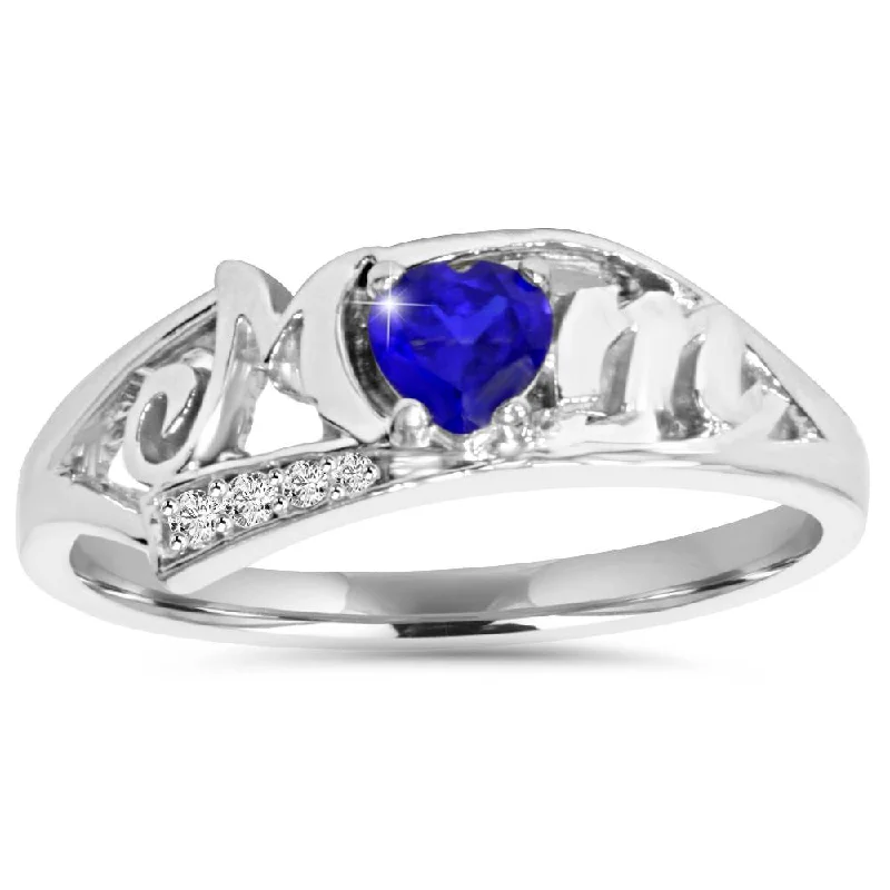 Rings with etched floral bands for detail -5/8ct Blue Heart Sapphire & Diamond MOM Ring 10K White Gold