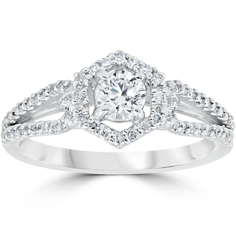 Rings with vintage claw prongs for elegance -5/8CT Diamond Vintage Halo Engagement Ring 14K White Gold