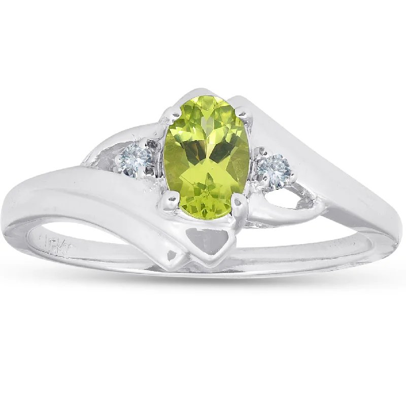 Rings with delicate filigree sapphire settings -5/8ct Oval Peridot & Diamond Ring 14K White Gold