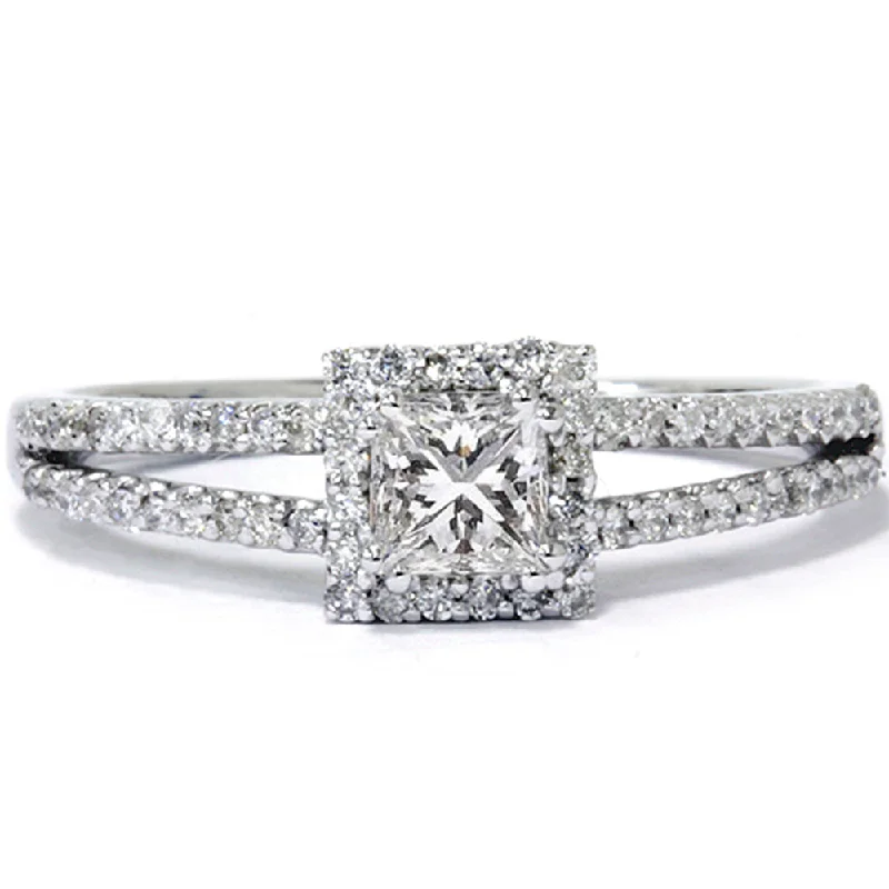 Minimalist rings with tiny diamond dot accents -5/8ct Princess Cut Halo Split Shank Engagement Ring 14K White Gold