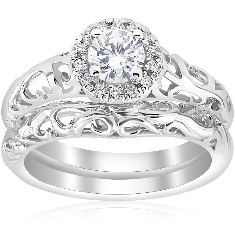 Rings with pave ruby for dazzling sparkle -5/8ct Round Diamond Vintage Engagement Wedding Ring Set 14K White Gold