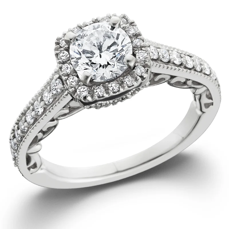 Rings with gothic-inspired skull motif details -7/8ct Cushion Diamond Vintage Halo Engagement Ring 14K White Gold