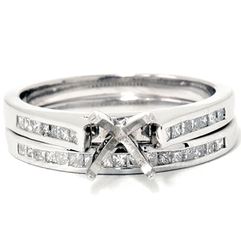 Rings with vintage claw prongs for elegance -7/8ct Princess Cut Diamond Semi Mount Engagement Wedding Ring Set 14K White Gold