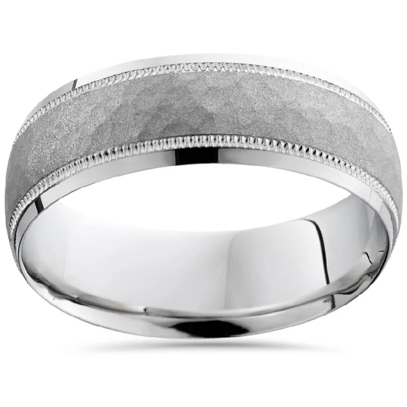 Rings with engraved constellations for stargazers -7mm Hammered Wedding Band 10K White Gold