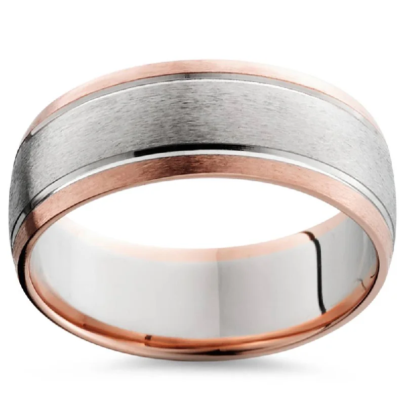 Rings with hexagon-cut stones for trendiness -8MM 14K Rose & White Gold Two Tone Mens Wedding Band