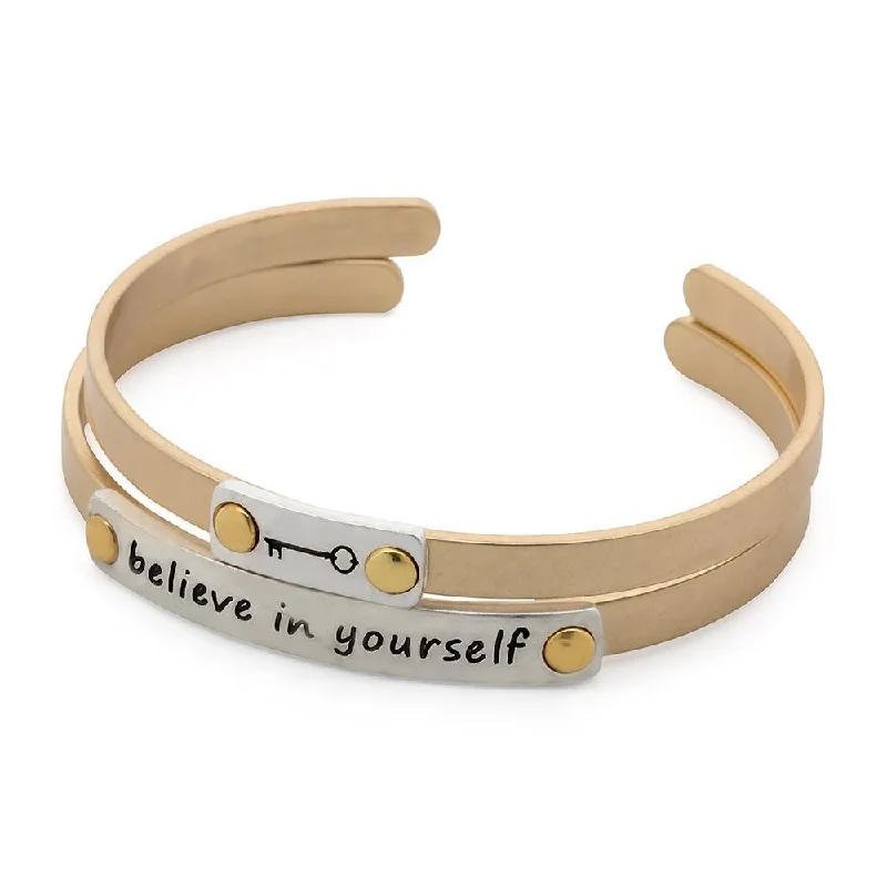 Bangle bracelets with open-ended designs for a modern and adjustable fit-Believe In Yourself Double Bangle Gold and Silver Tone