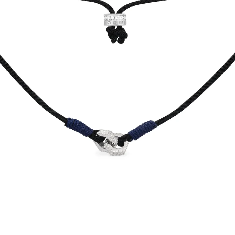 Necklaces and pendants with clear quartz for a pure and radiant look-Black adjustable nylon necklace with intertwined rings - silver