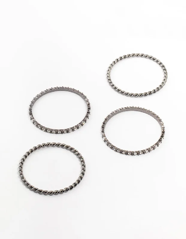 Elegant bangle bracelets with diamond-shaped stones for a sophisticated look-Black Rhodium Diamante Bangles 4-Pack