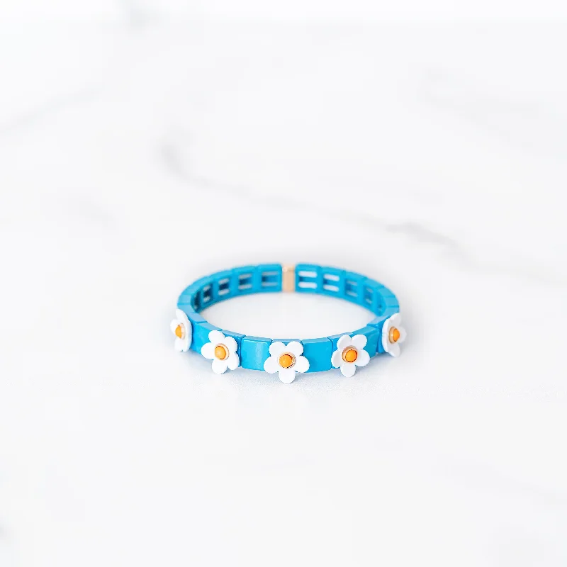 Best bangle bracelets with bright enamel colors for a fun and youthful style-Blue and White Daisy Tile Bracelet