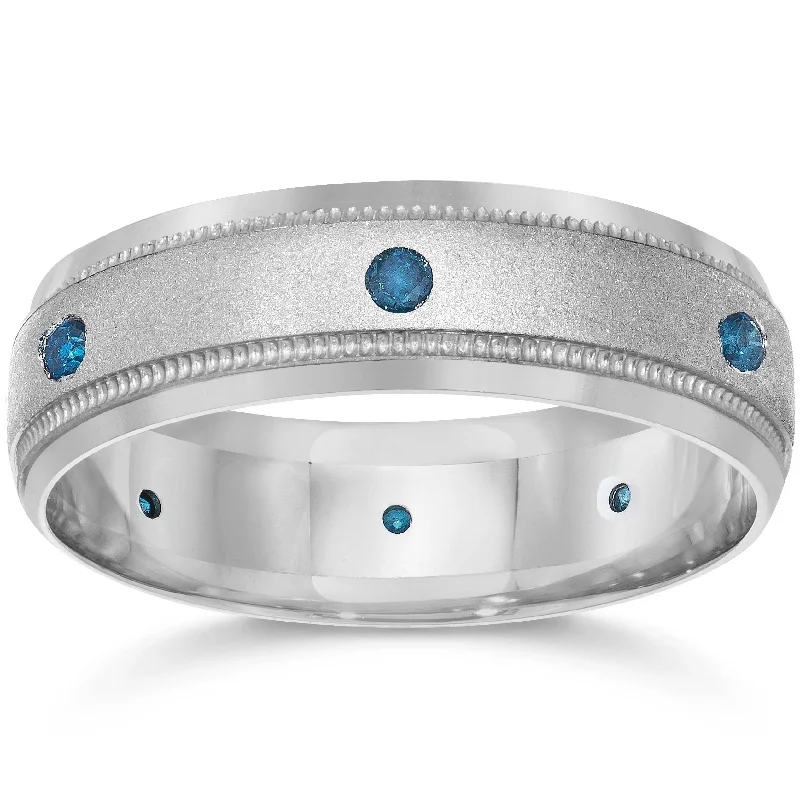 Titanium rings with rugged brushed metal look -Blue Diamond Mens Wedding Ring 10k White Gold