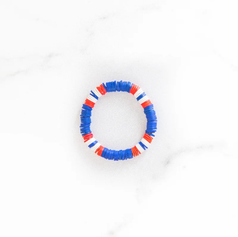 Best bangle bracelets with pastel enamel for a soft and delicate aesthetic-Blue + Red and White Polymer Clay Bracelet