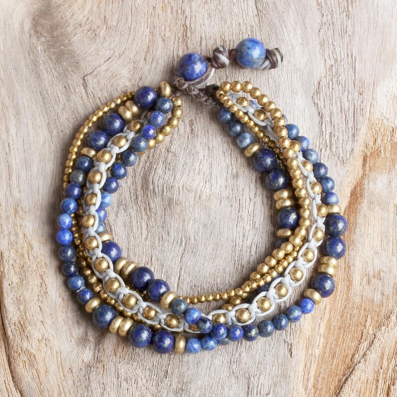 Best bangle bracelets with infinity symbols for a design full of meaning and charm-Brisk Ocean Brass and Lapis Lazuli Multi-Strand Beaded Bracelet