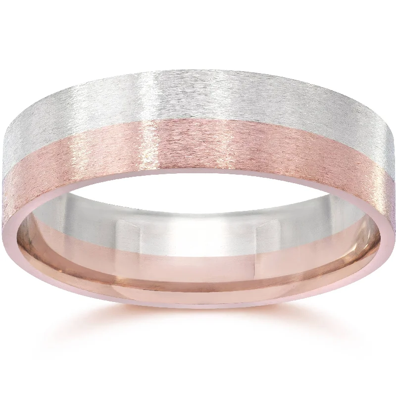 Dainty rings with subtle engraved star motifs -Brushed Two Tone Flat Wedding Band 14K Rose & White Gold