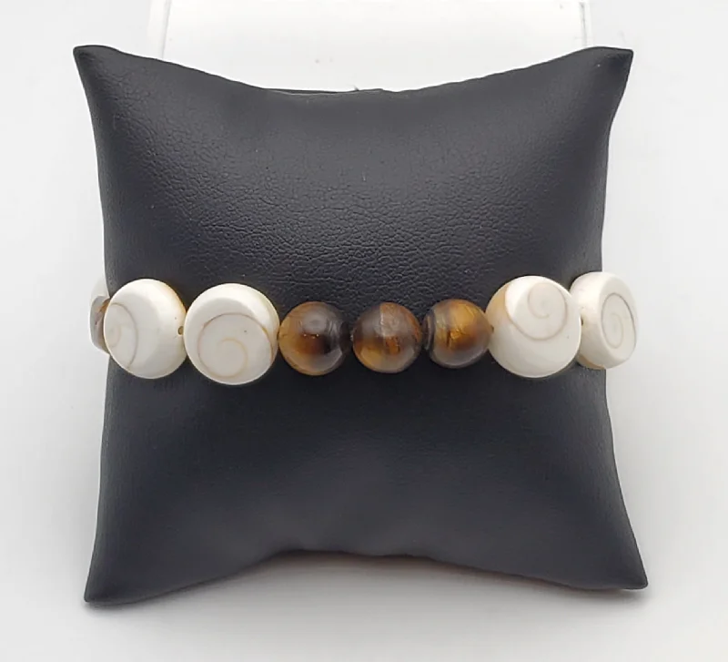 Best bangle bracelets with unique stone inlays for a one-of-a-kind accessory-Carved Shell and Tiger's Eye Beaded Stretch Bracelet