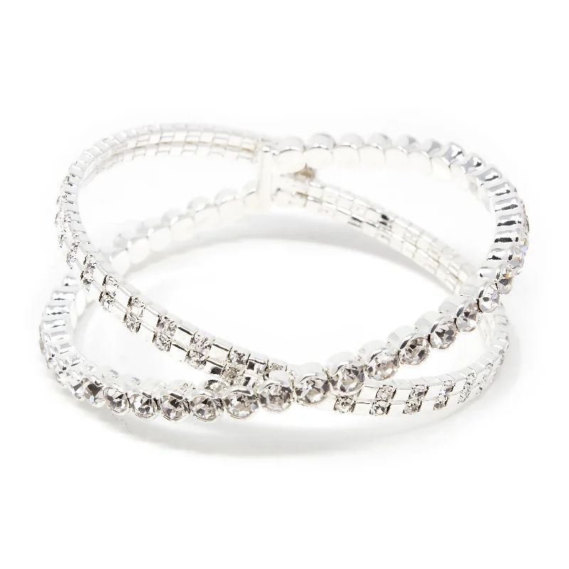 Stylish bangle bracelets with gemstone accents for a chic and modern look-Clear Round Crystal Crossover Wire Bangle