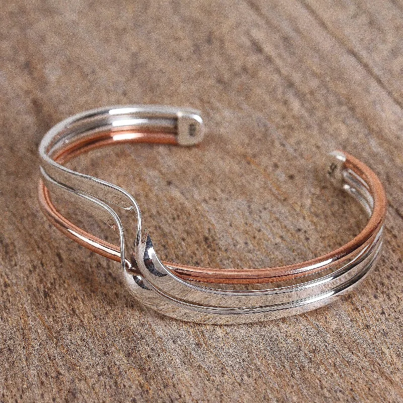 Bangle bracelets with enamel inlay designs for a colorful and eye-catching appearance-Copper Stream Sterling Silver and Copper Cuff Bracelet from Mexico