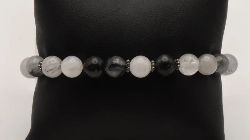 Best bangle bracelets with cubic zirconia for a dazzling and affordable alternative to diamonds-Black Tourmalinated Quartz Beaded Stretch Bracelet