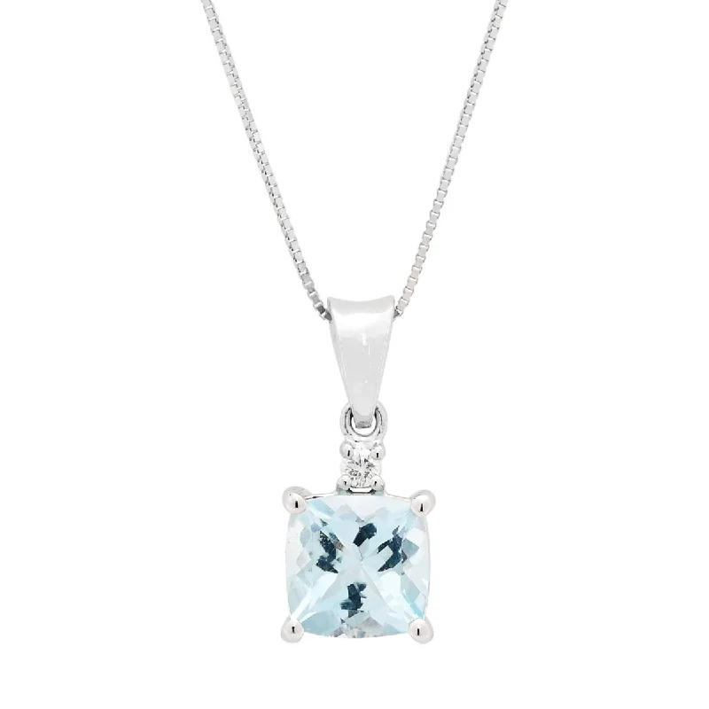 Layered necklaces and pendants for a trendy and fashionable stacked look-Cushion Cut Aquamarine Necklace in 14kt White Gold with Diamond (.03ct)