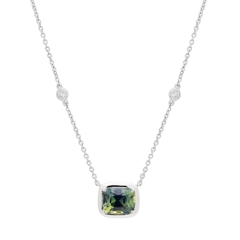 Stunning necklaces and pendants with amethyst gemstones for a calming effect-Cushion Cut Unheated Green Sapphire Necklace in 14kt White Gold with Diamonds (1/20ct tw)