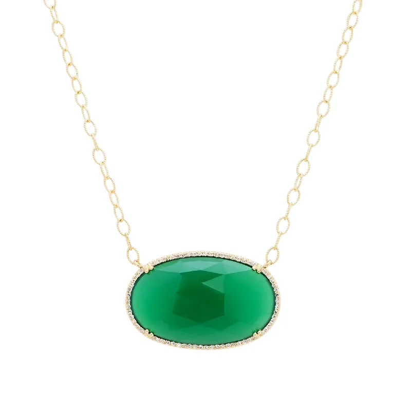 Unique necklaces and pendants with artistic shapes for a creative, one-of-a-kind design-Dabakarov Oval Green Agate Necklace in 14kt Yellow Gold with Diamonds (1/5ct tw)