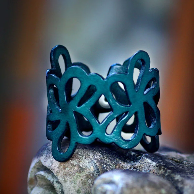 Wide bangle bracelets with bright gemstone accents for a bold, vibrant style-Dark Teal Petals Leather Cuff Bracelet