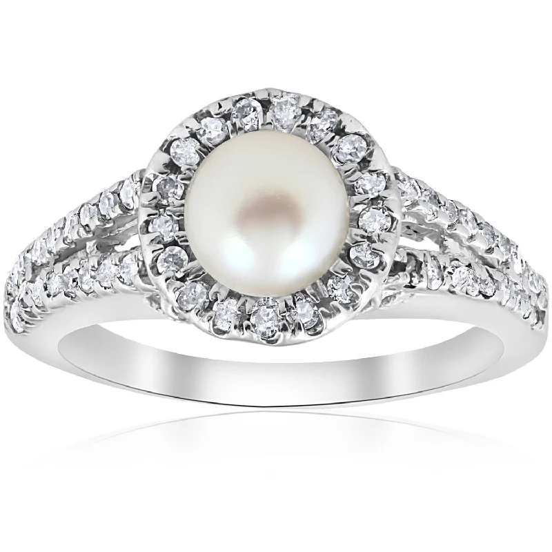 Rings with mandala engravings for spiritual vibe -Diamond Pearl Halo Ring 14K White Gold