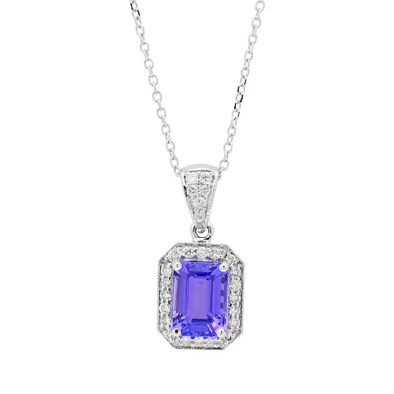 Personalized necklaces and pendants with initials for a customized and meaningful gift-Emerald Cut Tanzanite Necklace in 14kt White Gold with Diamonds (1/7ct tw)