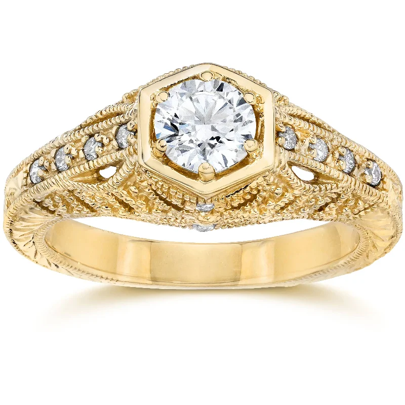 Rings with floral halo diamond arrangements -Emery .70Ct Vintage Diamond Antique Engagement 14K Yellow Gold