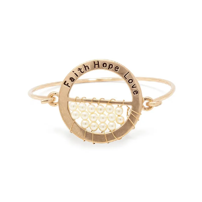 Best bangle bracelets with natural wood for a unique and earthy aesthetic-Faith Hope Love Hook Bangle with Pearl Gold Tone