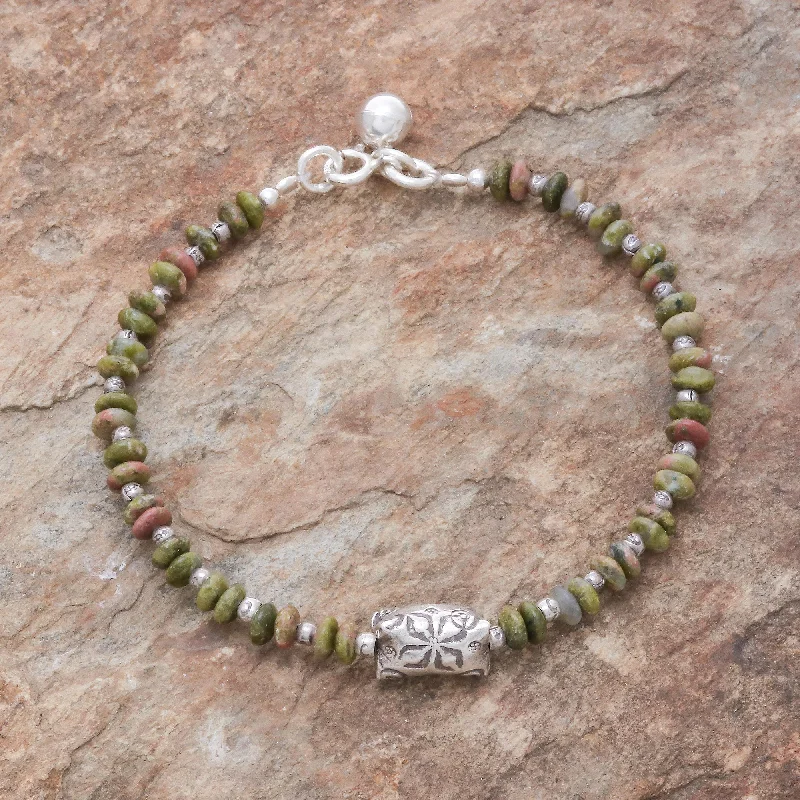 Bangle bracelets with braided leather straps for a chic, rustic vibe-Forest Harmony Hill Tribe Unakite Beaded Bracelet from Thailand