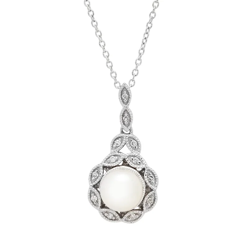 Trendy necklaces and pendants with geometric shapes for a modern aesthetic-Cultured Freshwater Pearl Necklace in Sterling Silver with Diamonds (1/20ct tw and 6.5mm pearl)