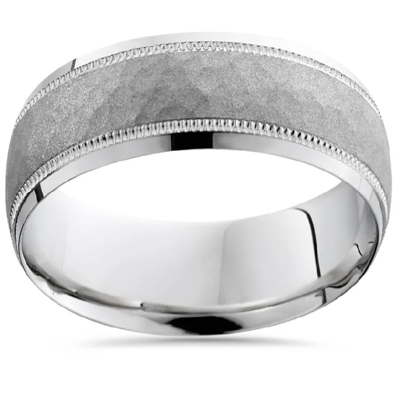 Rings with double bands for modern twist -Hammered 10k White Gold 8mm Wedding Mens Band