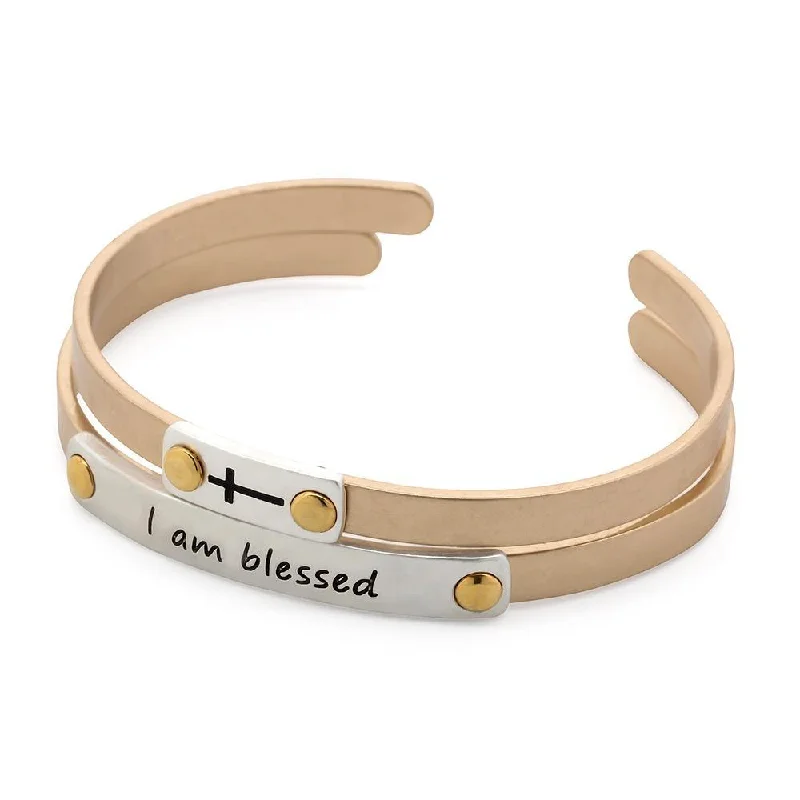 Best bangle bracelets with crystal inlays for a sparkling, glamorous appearance-I Am Blessed Double Bangle Gold and Silver Tone