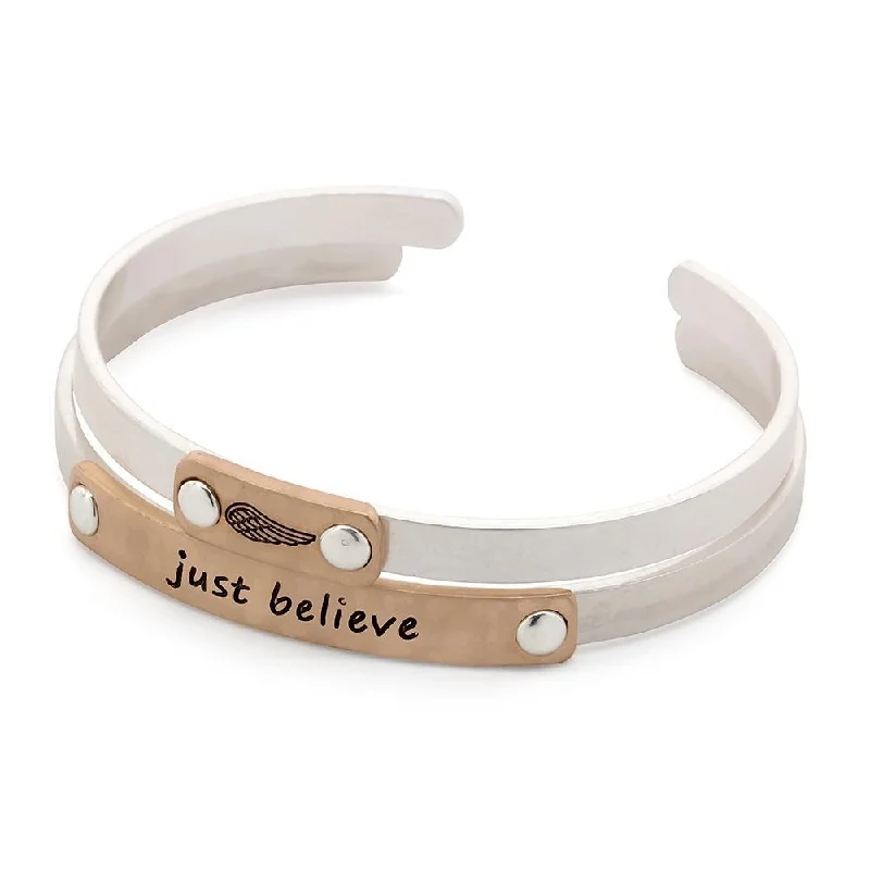 Wide bangle bracelets with boho-inspired patterns for a free-spirited design-Just Believe Double Bangle Silver and Rose Gold Plated