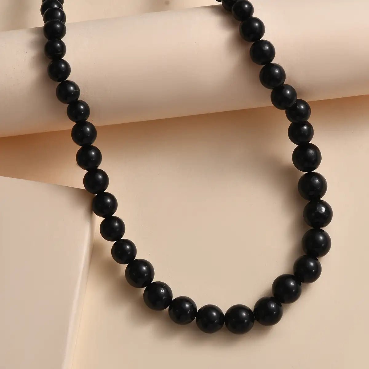 Necklaces and pendants with matching rings for a coordinated set of jewelry-Karis Shungite Beaded Necklace 20 Inches in 18K Yellow Gold Plated Clasp