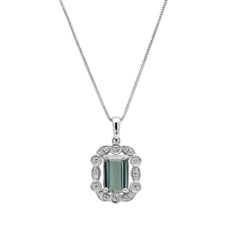 Beautiful necklaces and pendants with gemstone teardrops for an elegant effect-Maine Indicolite Tourmaline Emerald Cut Necklace in 14kt White Gold with Diamonds (1/7ct tw)