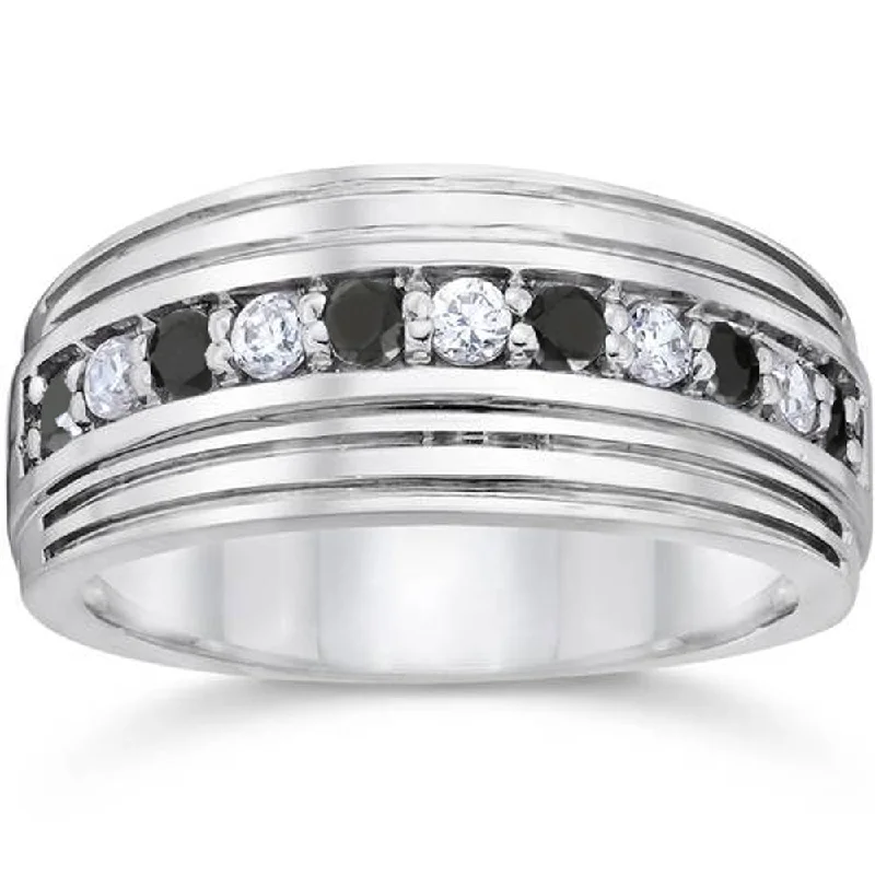 Rings with wide bands for statement wear -Mens 10k White Gold Alternating Black & White Diamond 1/2ct Wedding Ring