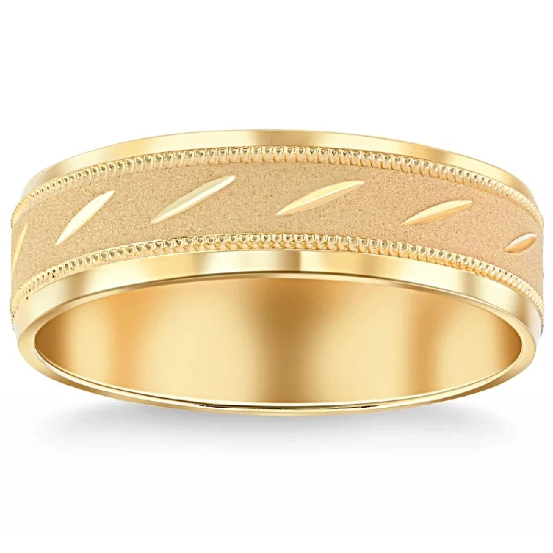 Dainty rings with subtle engraved star motifs -Mens 10k Yellow Gold 6MM Brushed Carved Wedding Band Comfort Fit Ring