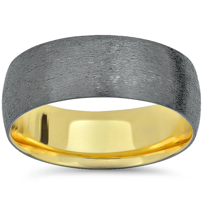 Rings with tiger eye for warm tones -Mens 14k Black & Yellow Gold Two Tone Brushed Wedding Band