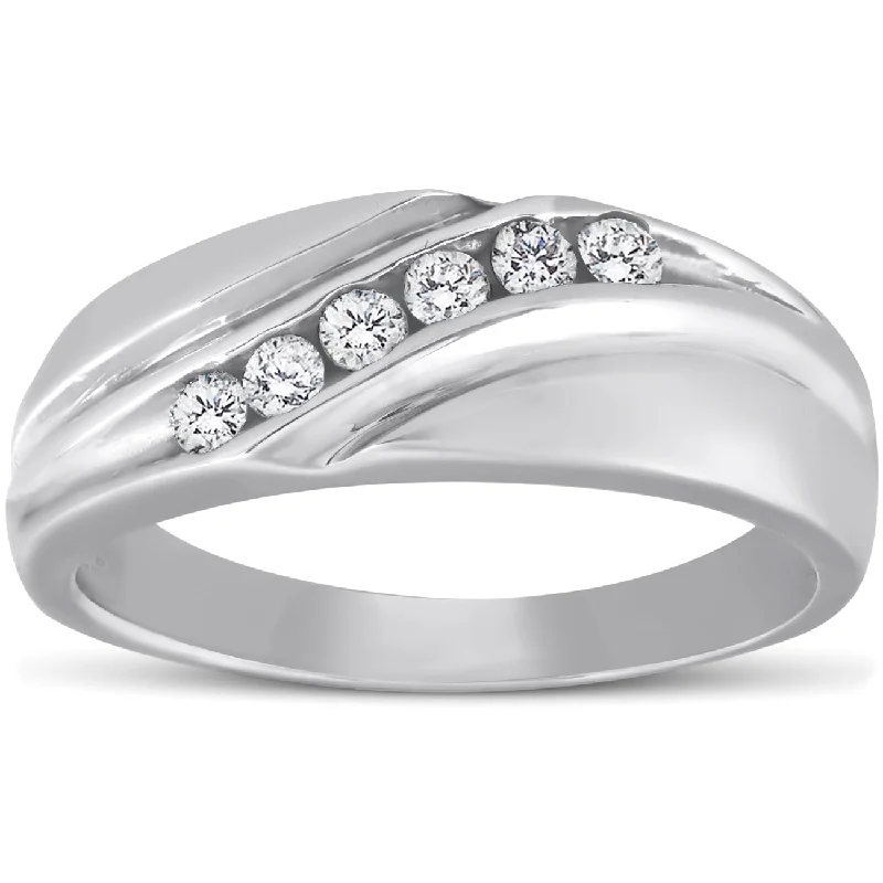 Rings with vine-wrapped bands for nature -Mens 14K White Gold 1/4ct Diamond Wedding Ring High Polished Smooth Band