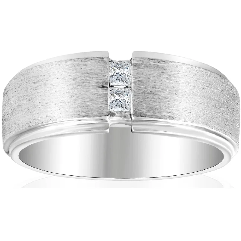 Rings with adjustable bands for perfect fit -Mens 14K White Gold Brushed Princess Cut Diamond Wedding Ring