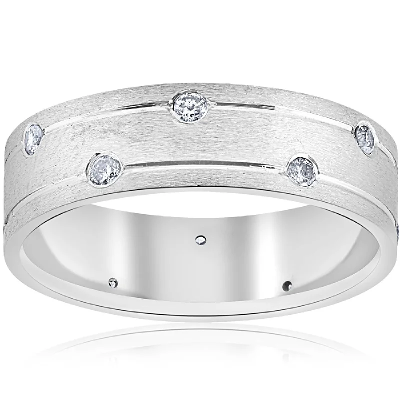 Rings with moonstone gems for ethereal glow -Mens 14k White Gold Diamond Comfort Fit Wedding Ring Band 6MM